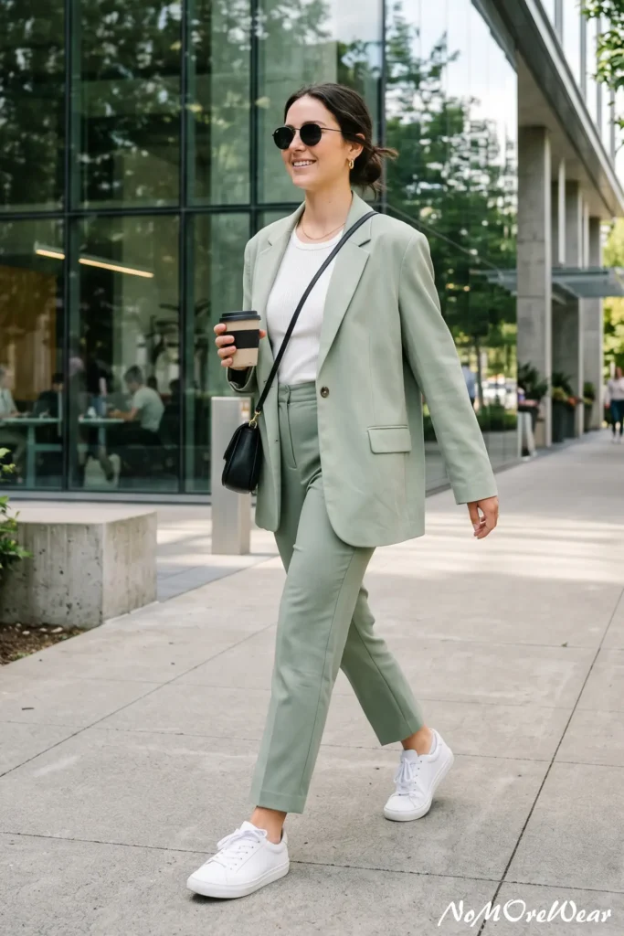 A smiling woman with her dark hair tied back into a low, messy bun walks down a city sidewalk outside a modern glass-walled office building, holding a coffee cup as seen in Casual Everyday Outfits 65.webp. She is wearing a relaxed-fit sage green pantsuit consisting of a single-breasted blazer with front pockets and matching ankle-length tailored trousers. She layers a fitted white ribbed crewneck shirt underneath and styles the look with clean low-top white sneakers. Her accessories include a small black leather crossbody purse, round black sunglasses, a gold chain necklace, and small gold hoop earrings.