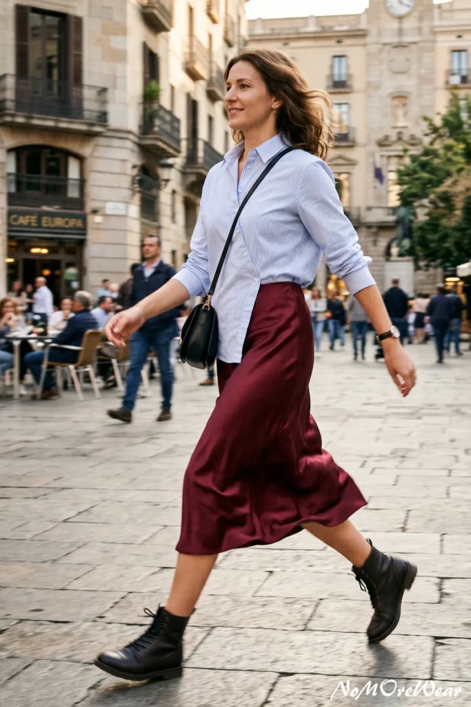 A woman with long brown hair walks briskly down a wide cobblestone city plaza past European-style buildings and outdoor café seating, as seen in Casual Everyday Outfits 66.webp. She is wearing a light blue and white vertically striped long-sleeve button-up collared shirt with the sleeves rolled up to her forearms. The shirt is uniquely styled, with one side of the hem tucked in and the other left loose. She pairs it with a flowing, midi-length rich burgundy satin slip skirt and sturdy black leather lace-up combat boots. Her accessories include a structured black leather crossbody purse with gold hardware, a brown leather strap watch, and subtle gold earrings.