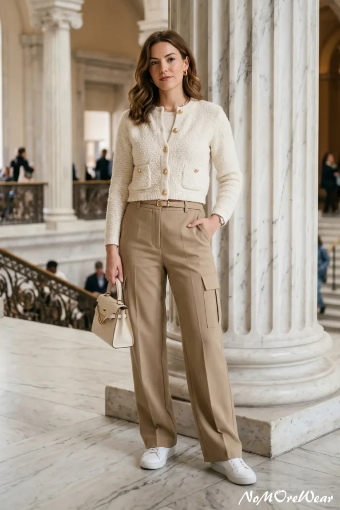 A woman with wavy, shoulder-length brown hair stands inside a grand building with marble columns and staircases, as seen in Casual Everyday Outfits 67.webp. She is wearing a structured, long-sleeved cream bouclé knit cardigan with patch pockets and round gold buttons. She pairs it with high-waisted, wide-leg khaki cargo trousers styled with a thin tan belt. She completes the modern business casual look with clean white low-top sneakers, a small structured cream leather top-handle bag with gold hardware, a gold chain necklace, and chunky gold hoop earrings.