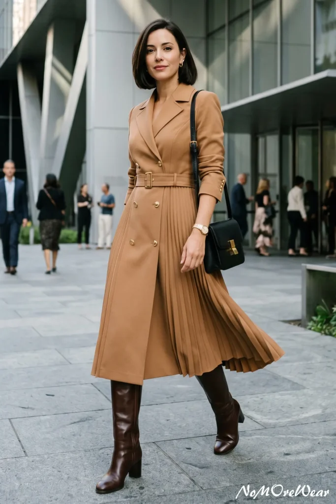 A woman with a sleek, dark brown bob haircut walks confidently along a modern city sidewalk outside a commercial glass high-rise building, as seen in Casual Everyday Outfits 68.webp. She is wearing a tailored, double-breasted camel-colored trench midi dress featuring gold buttons, long sleeves with buttoned cuffs, a matching buckled waist belt, and a pleated accordion skirt that flares slightly as she moves. She pairs the elegant corporate outfit with dark brown leather knee-high high-heeled boots, a structured black leather shoulder purse with a gold clasp, a gold watch, and small gold hoop earrings.