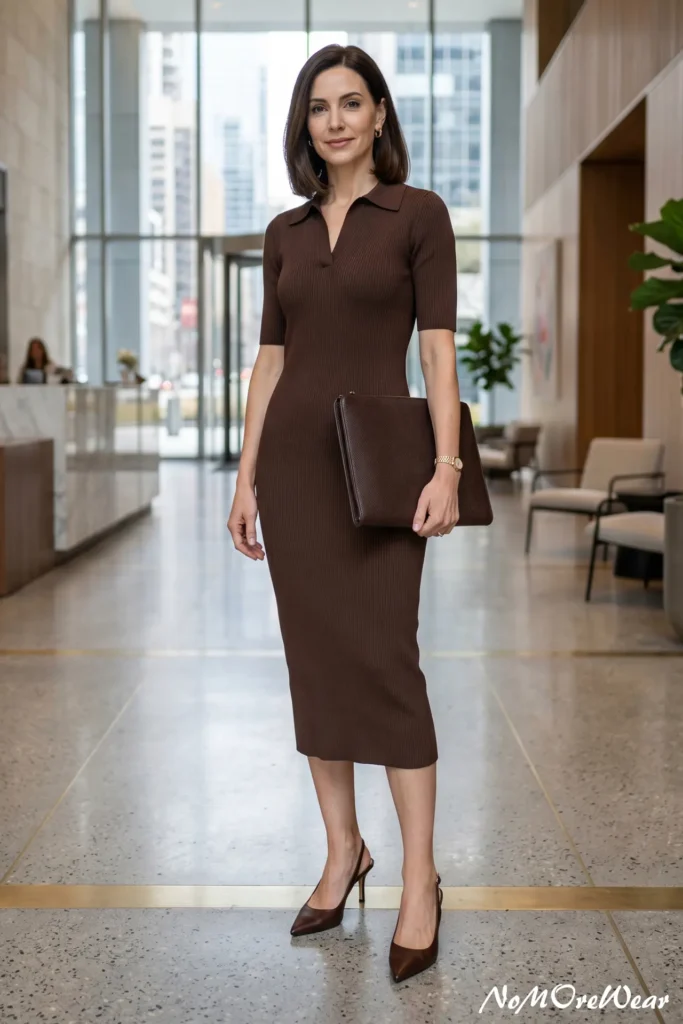 A woman with a straight, shoulder-length dark bob haircut stands in the center of a spacious, modern office lobby with glass windows and terrazzo flooring, as seen in Casual Everyday Outfits 69.webp. She wears a form-fitting, midi-length ribbed knit dress in a rich chocolate brown shade, featuring a split polo collar and short sleeves. She holds an oversized, structured dark brown textured leather portfolio document clutch under her arm. She completes the corporate minimalist look with matching dark brown leather pointed-toe slingback kitten heels, a gold watch, and small gold hoop earrings.