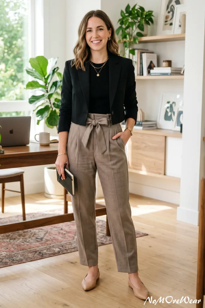 A smiling woman with shoulder-length wavy brown hair poses standing inside a bright, modern home office with a wooden desk and bookshelves, as seen in Casual Everyday Outfits 70.webp. She wears a tailored, open cropped black blazer over a solid black crewneck top. This is tucked into high-waisted, pleated taupe grey plaid trousers featuring a paperbag waist tied with a fabric belt into a neat front bow. She holds a small black notebook and pen, completing the smart casual corporate look with nude leather pointed-toe flats, layered gold chain necklaces, a gold watch, and small gold hoop earrings.