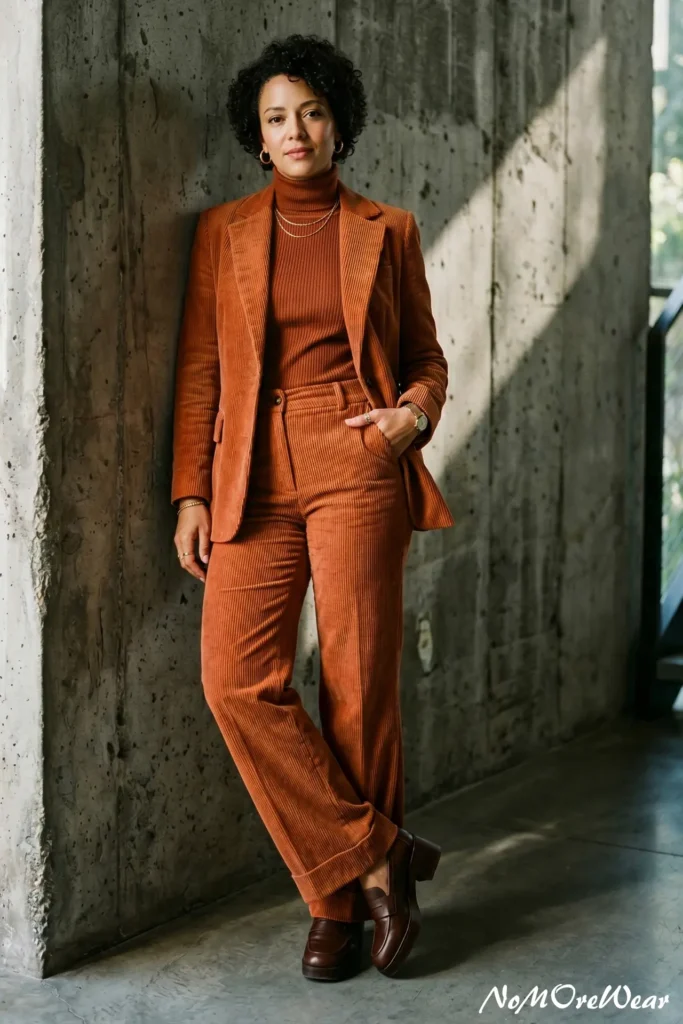 A woman with short, voluminous curly dark hair leans against a textured concrete wall indoors, as seen in Casual Everyday Outfits 71.webp. She is wearing a matching burnt orange corduroy pantsuit consisting of a tailored single-breasted blazer with notched lapels and high-waisted, wide-leg corduroy trousers featuring thick cuffed hems. She layers a matching burnt orange ribbed knit turtleneck pullover top underneath the jacket. She completes the corporate chic look with dark brown leather chunky heeled platform loafers, layered gold chain necklaces, a gold watch, and chunky gold hoop earrings.