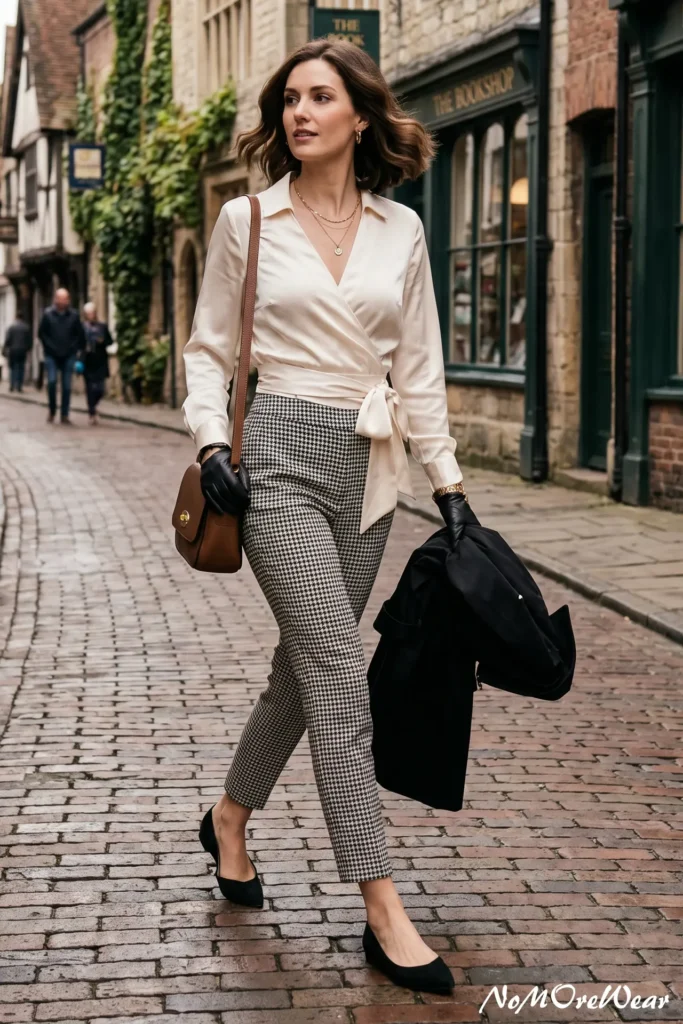 A woman with a shoulder-length wavy brown bob haircut walks gracefully down an old-fashioned brick cobblestone street lined with historic shopfronts, as featured in Casual Everyday Outfits 72.webp. She is wearing a silky cream-colored wrap blouse with a V-neckline and long sleeves, tied at the side of her waist into a soft bow. The blouse is paired with ankle-length, high-waisted trousers in a small black and white houndstooth plaid pattern. She holds a black coat in one hand and carries a cognac brown leather crossbody bag over her shoulder. Her accessories include black pointed-toe flats, black leather gloves, a delicate layered gold pendant necklace, and gold earrings.
