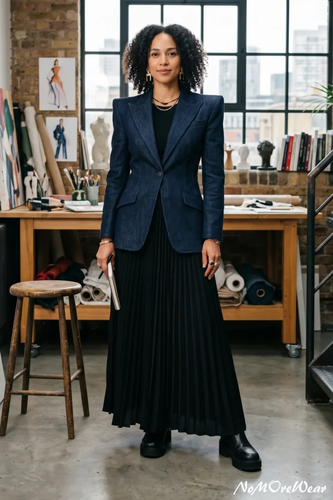 A woman with shoulder-length curly black hair stands looking at the camera inside an artist or design studio with a wooden workbench and fabric rolls behind her, as seen in Casual Everyday Outfits 73.webp. She is wearing a tailored, dark blue denim blazer with pointed lapels, flap pockets, and a single-button closure that creates a fitted waistline. She layers the blazer over a black top and a high-waisted, finely pleated black maxi skirt that extends to her ankles. She holds a notebook and pen, completing her professional creative style with thick-soled chunky black leather boots, geometric gold statement earrings, a stacked gold necklace, and decorative rings.
