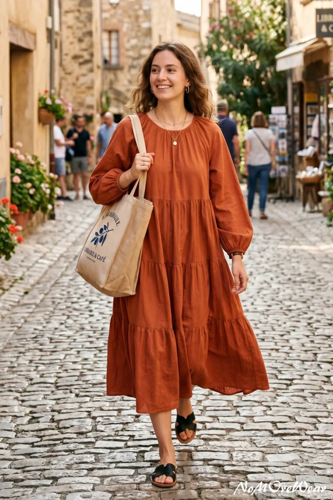 A smiling woman with long wavy hair walks down a sunlit cobblestone village street, showcasing relaxed European summer frock ideas. She is wearing a midi-length, tiered linen smock dress in a rich terracotta rust-orange shade, featuring long billowy sleeves with elastic cuffs and a gathered crew neckline. She carries a cream canvas tote bag with a blue olive branch graphic that reads "Librairie & Café" over her shoulder, styling the look with flat black leather crossover slide sandals and minimal gold jewelry.