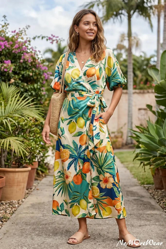 A smiling woman with wavy sun-kissed hair poses on a garden pathway lined with tropical plants, showcasing vibrant European summer frock ideas from frock 48.webp. She wears a cream-colored midi wrap dress adorned with a bold citrus and tropical print featuring bright yellow lemons, orange slices, teal palm leaves, and hibiscus flowers. The dress features a surplice V-neckline, short puff sleeves, and a matching fabric tie at the waist. She styles the outfit with flat, light beige leather slide sandals, a woven straw hobo shoulder bag, gold hoop earrings, and layered gold pendant necklaces.