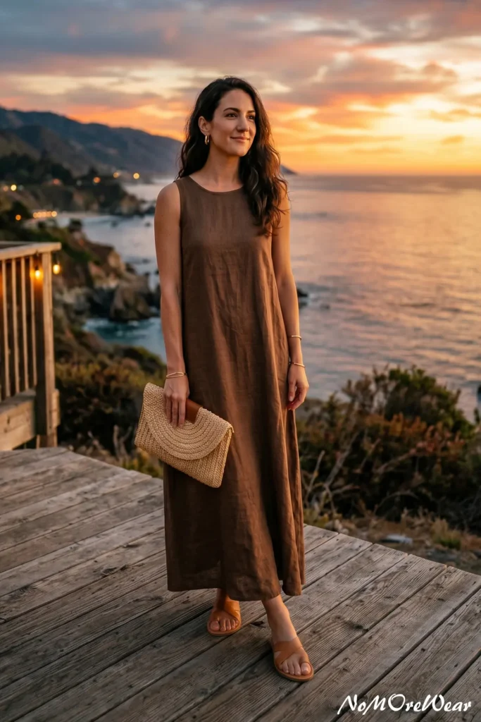 A full-length photo of a woman standing on a wooden coastal deck at sunset, showcasing an elegant summer outfit for women with a sleeveless brown linen maxi dress, paired with a woven straw clutch bag and tan leather slide sandals.