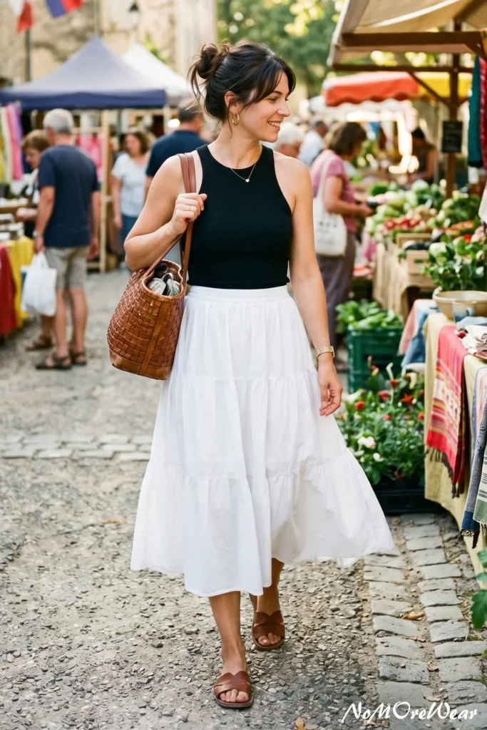 A full-length photo of a smiling woman walking through an outdoor street market, showcasing a casual summer outfit for women with a black high-neck halter tank top and a flowing white tiered midi skirt, paired with brown leather sandals.