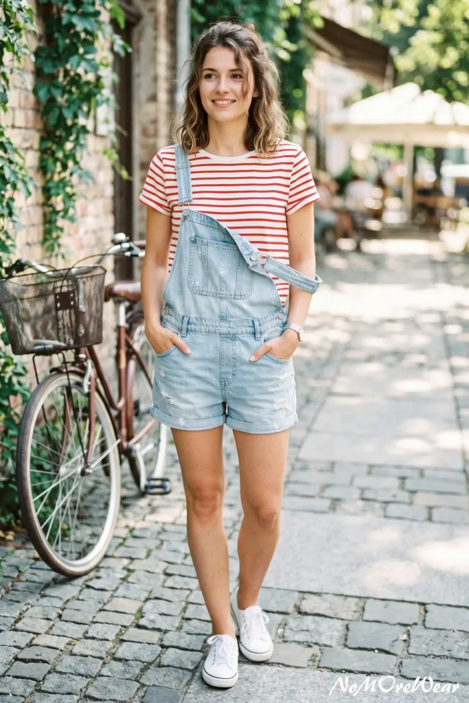 A full-length photo of a smiling woman standing on a cobblestone street next to a bicycle, showcasing a casual summer outfit for women with light blue denim short overalls layered over a red and white striped t-shirt, paired with white canvas sneakers.