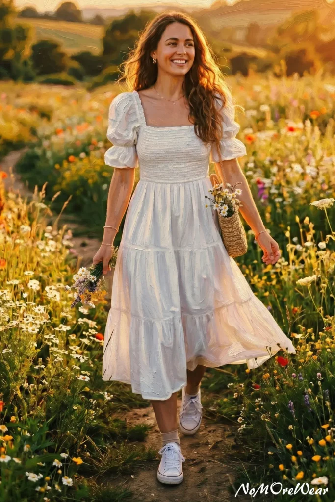 A full-length photo of a smiling woman walking through a sunny wildflower field at sunset, showcasing a cottagecore summer outfit for women with a white tiered smocked midi dress featuring puff sleeves, completed with white canvas sneakers and a straw shoulder bag.