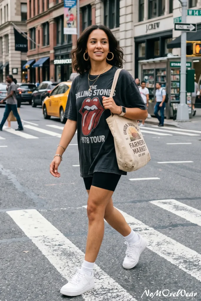 A full-length photo of a smiling woman walking across a city street crosswalk, showcasing a trendy streetwear summer outfit for women with an oversized black The Rolling Stones graphic t-shirt, black athletic bike shorts, white sneakers, and a canvas tote bag.
