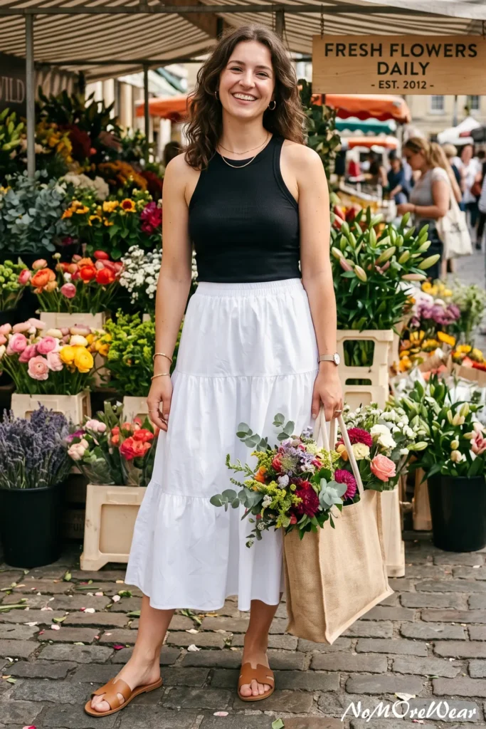 A full-length photo of a smiling woman holding a burlap tote bag filled with fresh flowers, showcasing a casual summer outfit with a black halter neck tank top and a white tiered maxi skirt, paired with tan leather slide sandals at an outdoor market.