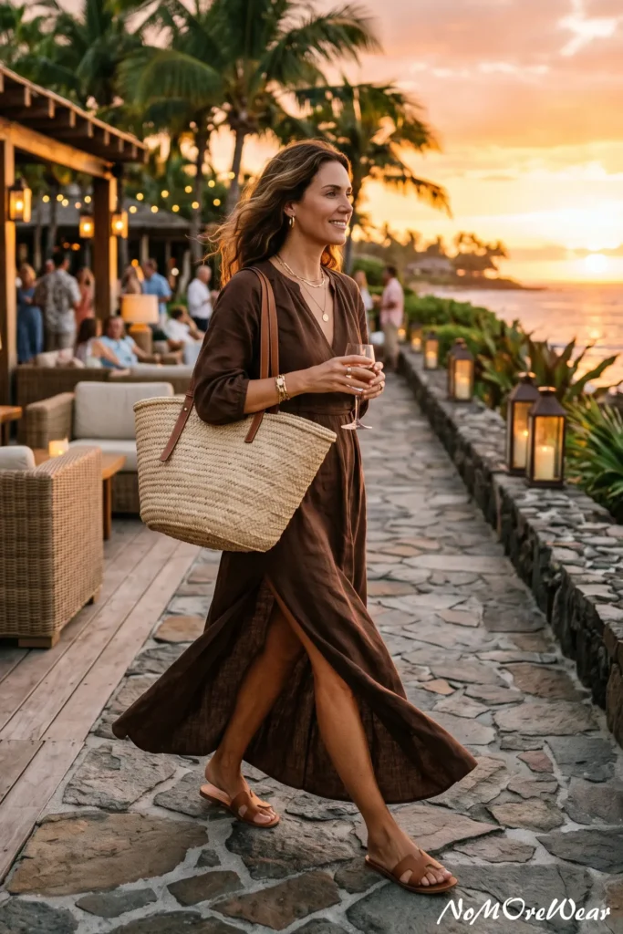 A full-length photo of a smiling woman standing in front of a fresh flower market display, showcasing a casual summer outfit for women with a black ribbed knit halter tank top and a flowing white tiered midi skirt, completed with brown leather slide sandals and a woven straw tote bag.