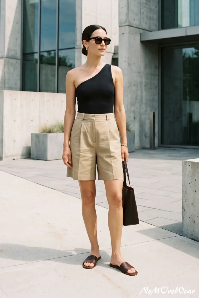 A back-view photo of a woman walking through a scenic coastal town with sea views, showcasing an elegant summer outfit for women with a black backless maxi dress featuring thin strappy details, completed with a woven straw shoulder bag.