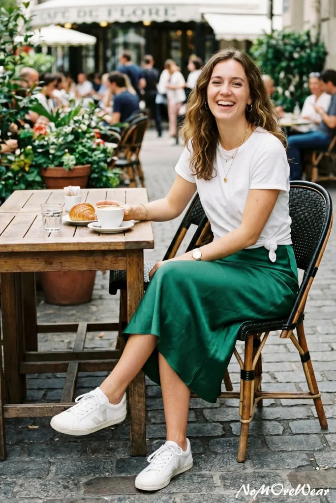 A smiling woman sitting at an outdoor Parisian cafe table with coffee and a croissant, showcasing a chic summer outfit for women with a knotted white crewneck t-shirt and a green satin midi slip skirt, paired with white leather sneakers.