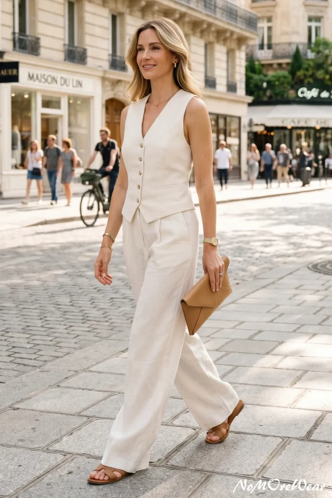 A full-length photo of a woman walking down a city street, showcasing a sophisticated summer outfit for women with a tailored cream linen vest and matching wide-leg trousers, completed with a tan leather envelope clutch and flat sandals.