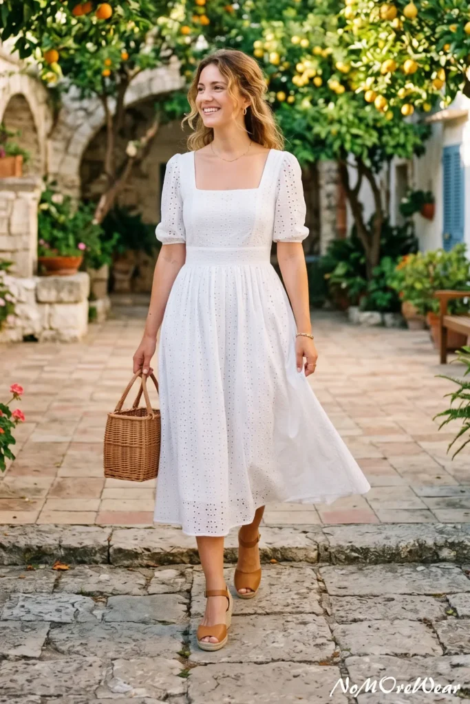 A full-length photo of a smiling woman walking through a sunny Mediterranean courtyard with lemon trees, showcasing a classic cottagecore summer outfit for women with a white eyelet midi dress featuring a square neckline and puff sleeves, paired with tan espadrille wedge sandals and a woven wicker basket bag.