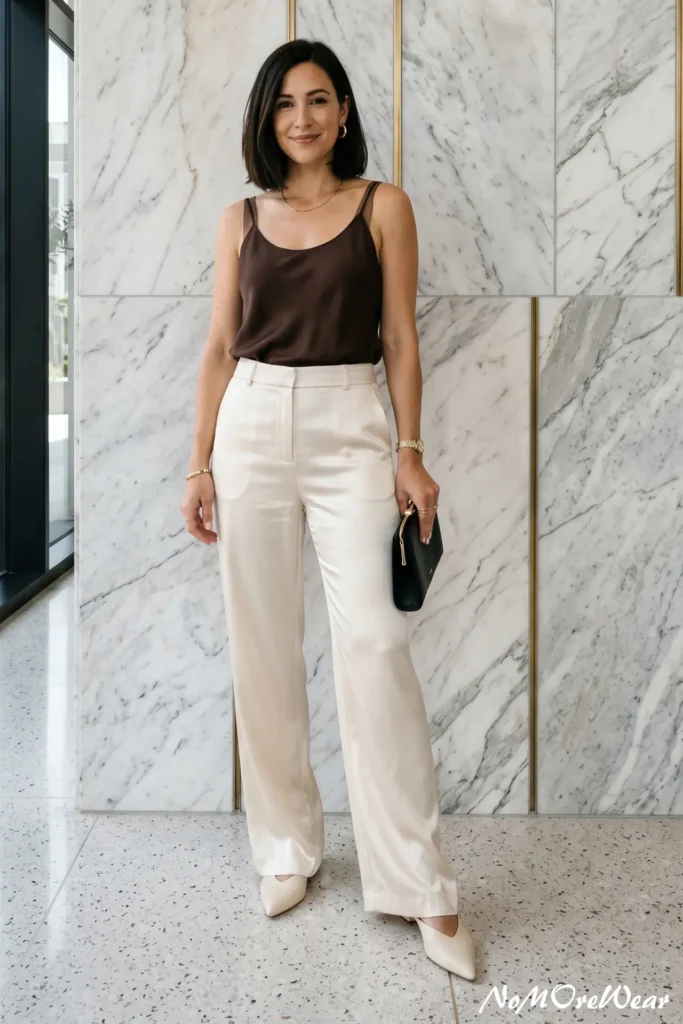 A full-length photo of a smiling woman with a bob haircut standing against a modern marble wall, showcasing a sophisticated summer outfit for women with a dark brown silk camisole top and cream satin wide-leg trousers, completed with cream pointed-toe heels and a black leather clutch bag.