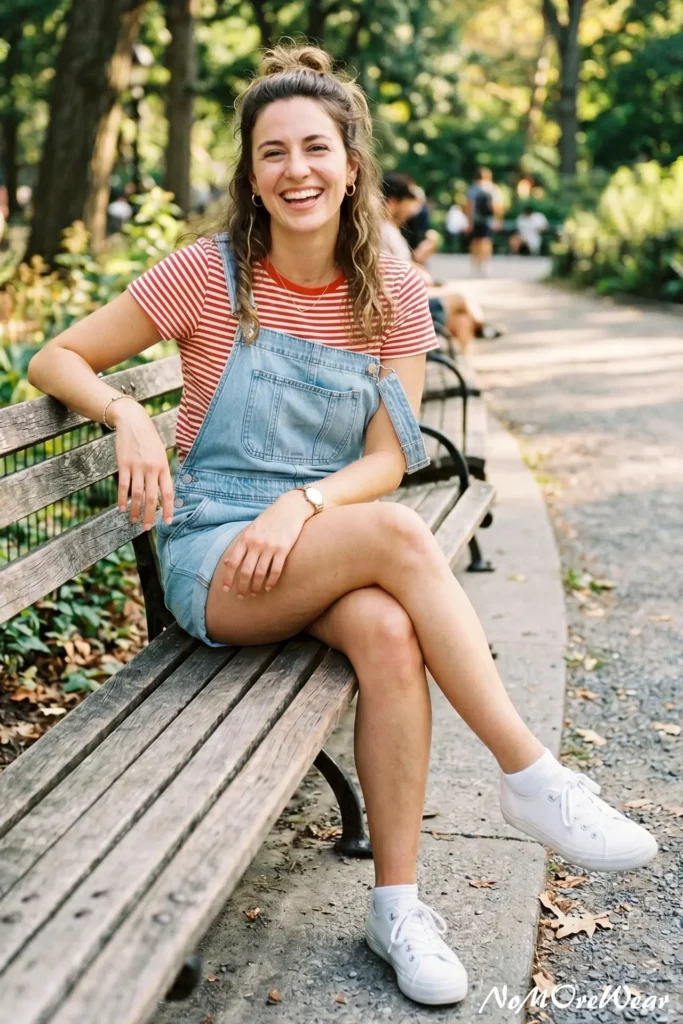 A full-length photo of a laughing woman sitting on a park bench, showcasing a casual summer outfit with blue denim short overalls layered over a red and white striped t-shirt, paired with white canvas sneakers.