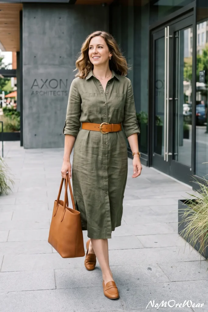 A full-length photo of a smiling woman walking down a city sidewalk past a modern office building, showcasing a classy summer outfit for women with an olive green linen midi shirt dress cinched with a wide tan leather belt, completed with brown leather loafers and a matching tan leather tote bag.