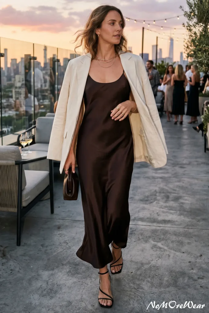 Chic evening summer outfit for women featuring a dark brown satin slip dress paired with an off-white linen blazer draped over the shoulders.