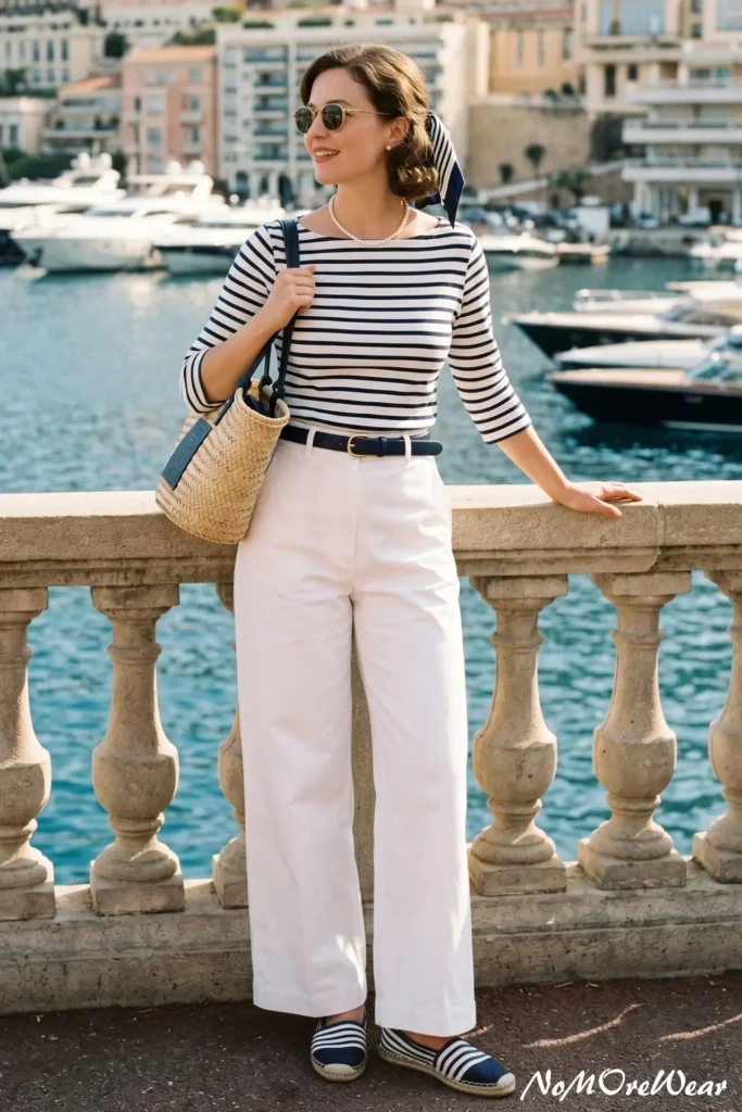 Classic French Riviera summer outfit for women featuring a navy and white striped top, high-waisted white wide-leg trousers, and a straw basket bag.