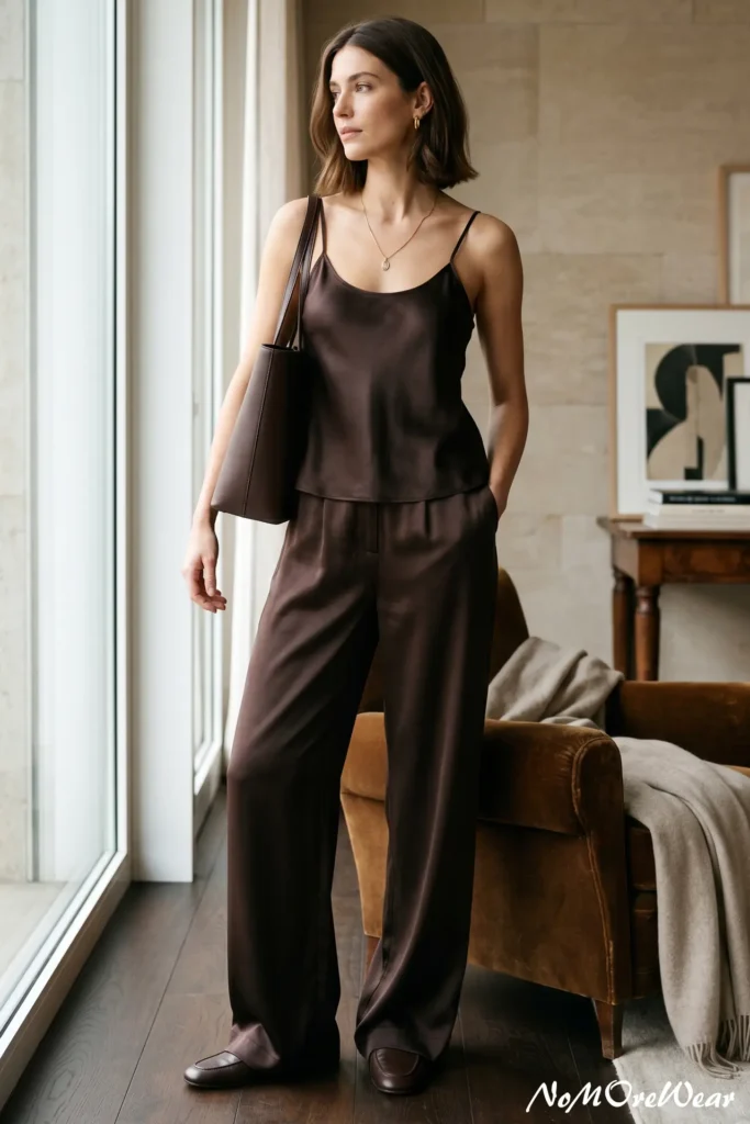Minimalist monochromatic summer outfit for women featuring a dark brown silk camisole and matching wide-leg trousers.