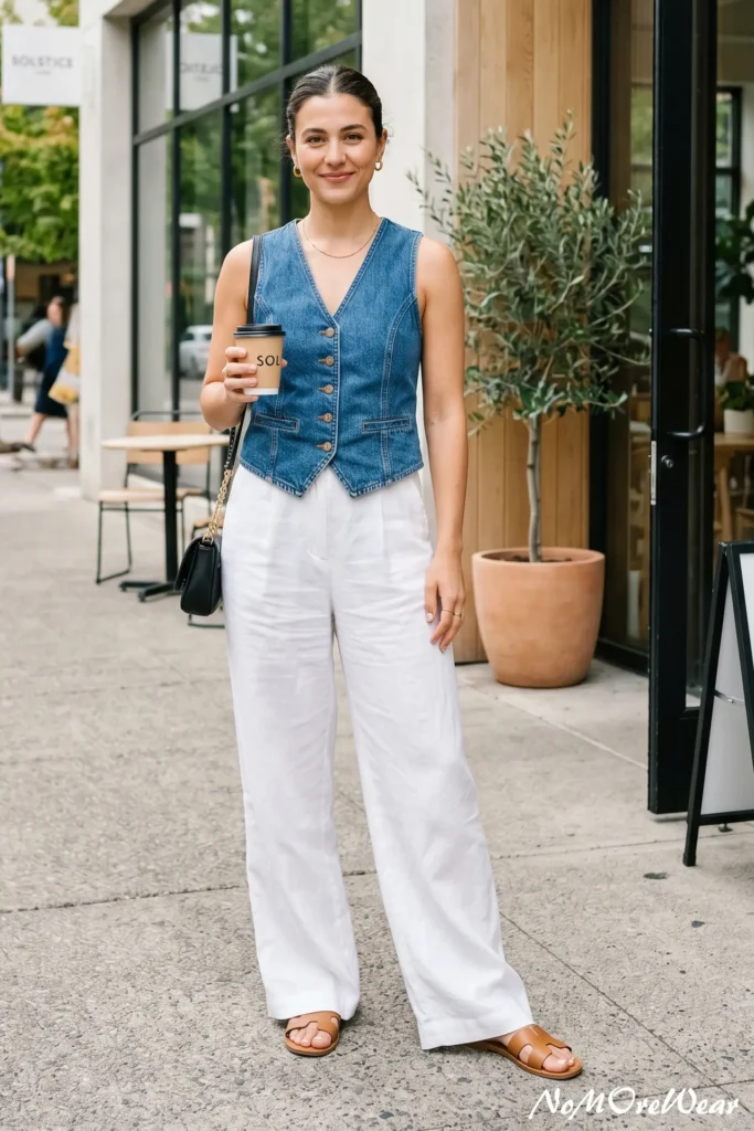 A full-length photo of a woman walking down a city street, showcasing a chic summer outfit for women with a beige linen button-up vest vest paired with matching high-waisted linen wide-leg trousers, completed with a tan leather shoulder bag.