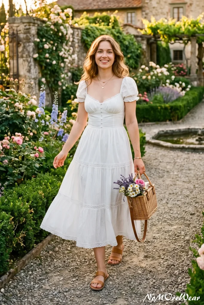 A full-length photo of a smiling woman walking through a garden and holding a wicker flower basket, showcasing a cottagecore summer outfit for women with a white tiered midi dress featuring puff sleeves and a sweetheart neckline, paired with brown leather flat sandals.