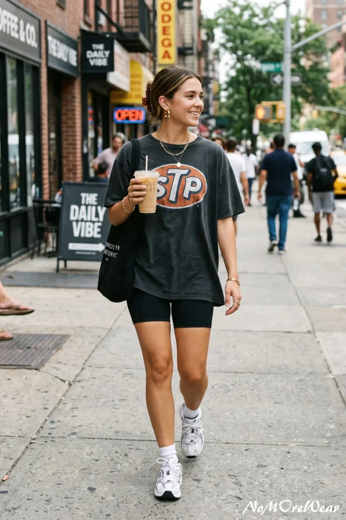 A full-length photo of a smiling woman walking down a city sidewalk with an iced coffee, showcasing an edgy summer outfit for women with an oversized black STP graphic t-shirt, black athletic bike shorts, and white chunky sneakers.