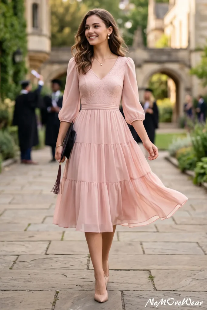 blush pink A-line knee length chiffon graduation dress for women elegant soft feminine look