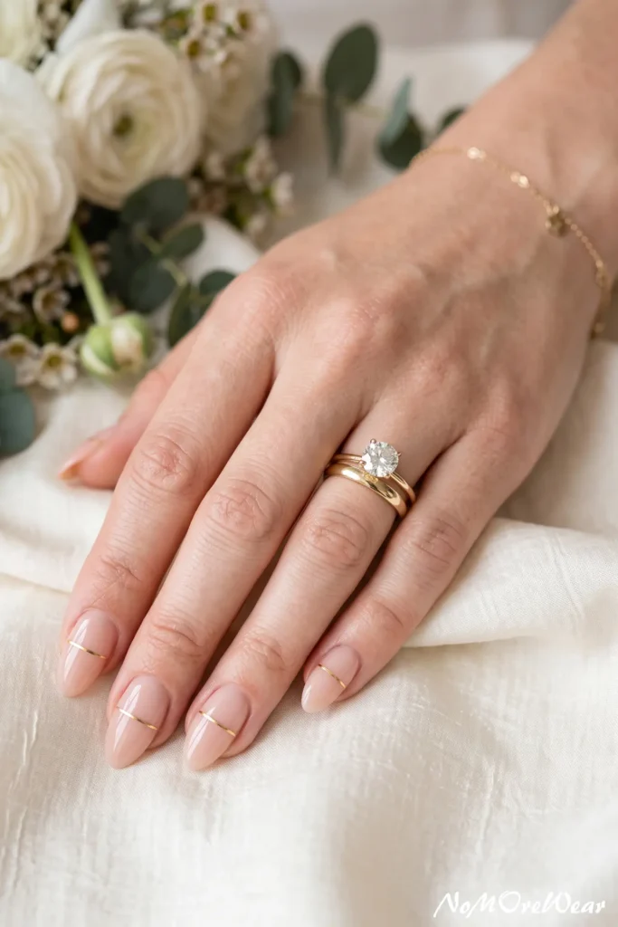minimalist gold line wedding nail arts for women with nude elegant bridal nails