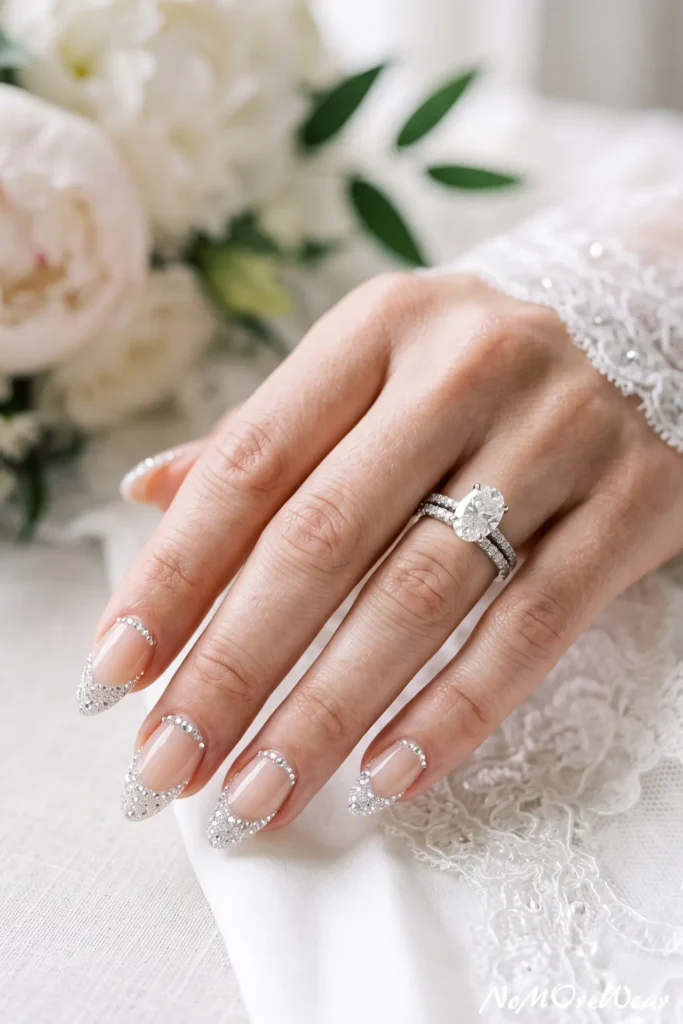diamond French tip wedding nail arts for women with crystal bridal manicure design