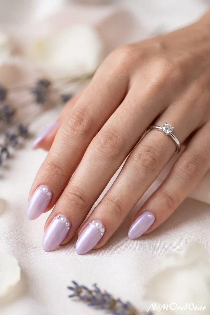 lavender pearl wedding nail arts for women with pastel bridal manicure and elegant shimmer