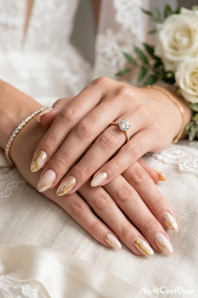 gold foil luxury wedding nail arts for women with nude bridal manicure design