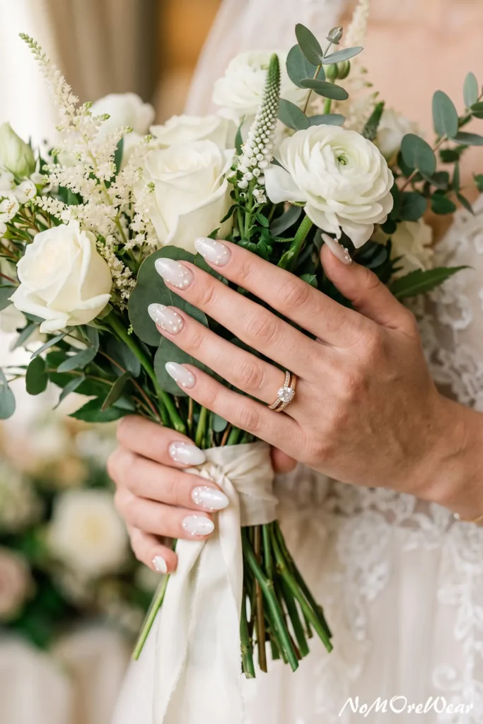 milky white pearl wedding nail arts for women with elegant glossy bridal manicure design