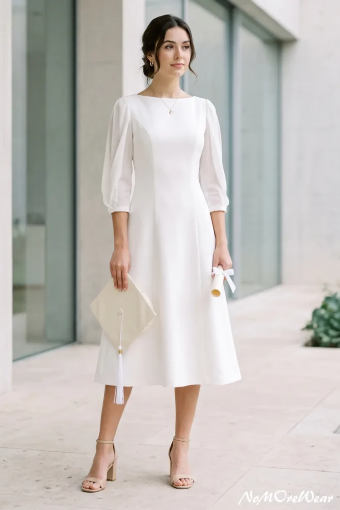 white minimalist A-line graduation dress chiffon knee length elegant style women