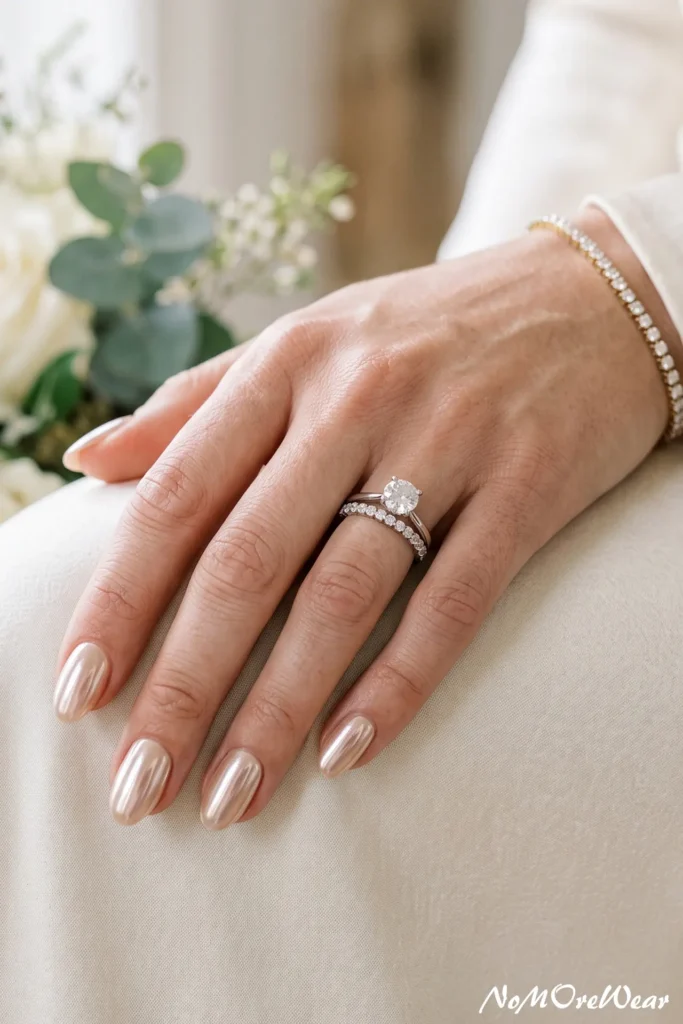 nude chrome wedding nail arts for women with shiny modern bridal manicure style