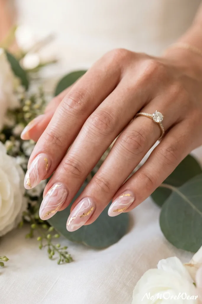 soft pink marble wedding nail arts for women with gold details and luxury bridal manicure