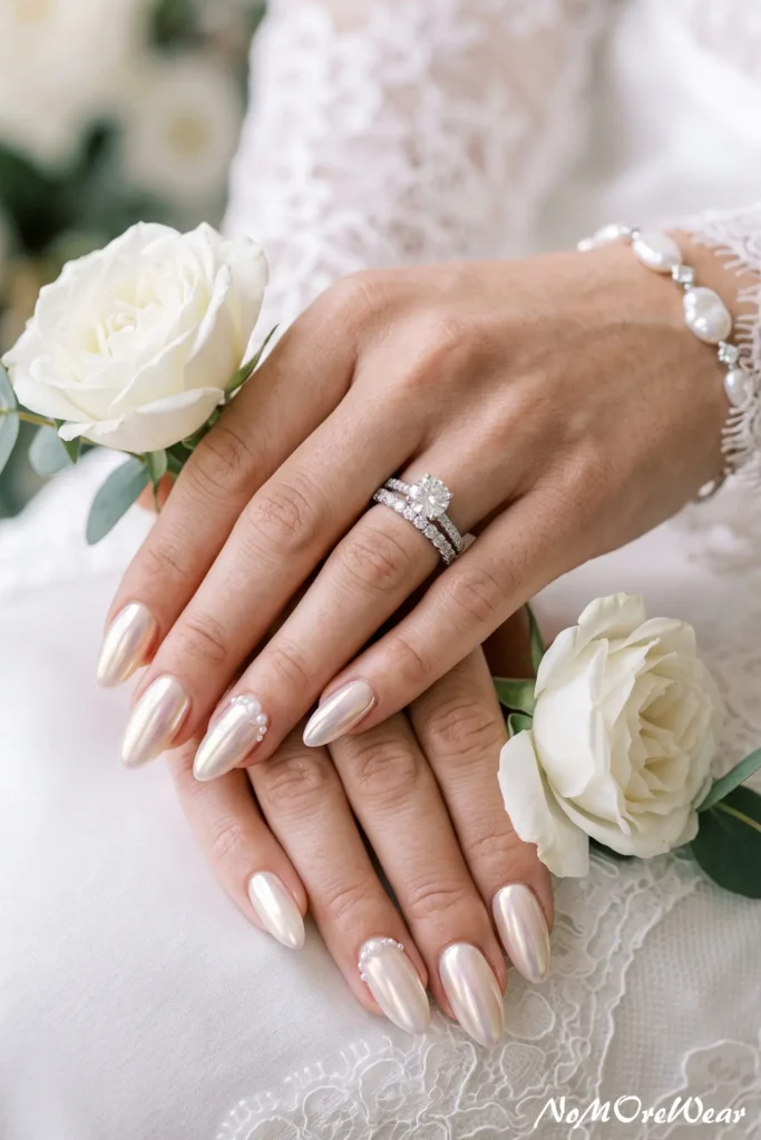 pearl chrome wedding nail arts for women with iridescent bridal manicure and elegant shine