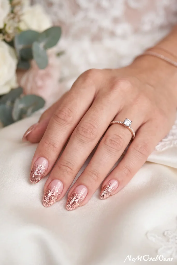 rose gold glitter wedding nail arts for women with romantic bridal manicure style
