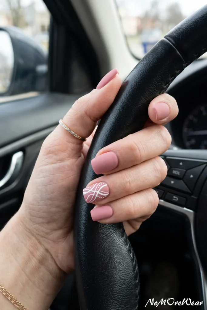 A vertical Pinterest Pin image captures a close-up shot of a hand gripping a black leather steering wheel inside a car, as seen in 1.jpg. The hand features short square-shaped nails painted in a soft matte dusty mauve-pink polish. The ring finger acts as an accent nail, featuring fine white line art in a curved abstract swirl pattern with delicate dots. The index finger wears a thin gold band studded with small paved crystals. The background shows a vehicle interior with a dashboard in daylight. At the bottom right corner, a subtle text watermark reads "NoMoreWear".