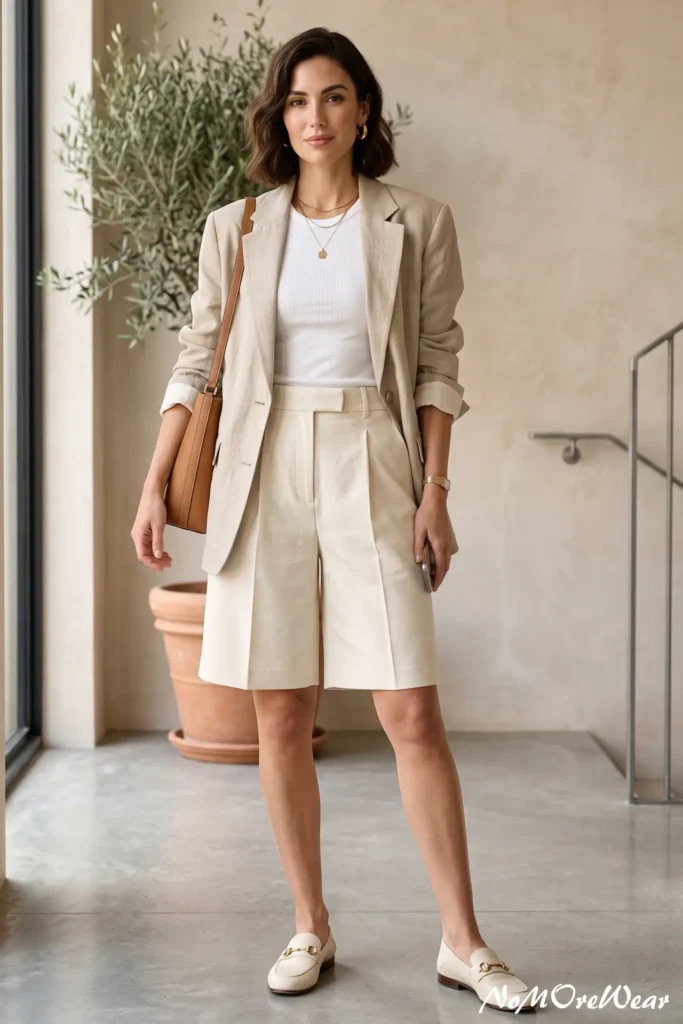 A vertical Pinterest Pin image captures a full-length shot of a brunette woman with a chic wavy bob standing indoors near a large window, as seen in 1 summer outfit womens.webp. She is wearing a relaxed-fit beige linen blazer over a fitted white crewneck top, paired with high-waisted pleated cream off-white Bermuda shorts that reach just above the knee. On her feet, she wears off-white cream leather loafers with gold horsebit hardware. She carries a structured tan leather shoulder tote bag over her right shoulder. Her accessories include chunky gold hoop earrings, delicate layered gold chain pendant necklaces, and a gold metallic watch. The background features a minimalist neutral interior with a terracotta potted olive tree, plaster walls, and a polished concrete floor. At the bottom right corner, a subtle text watermark reads "NoMoreWear".