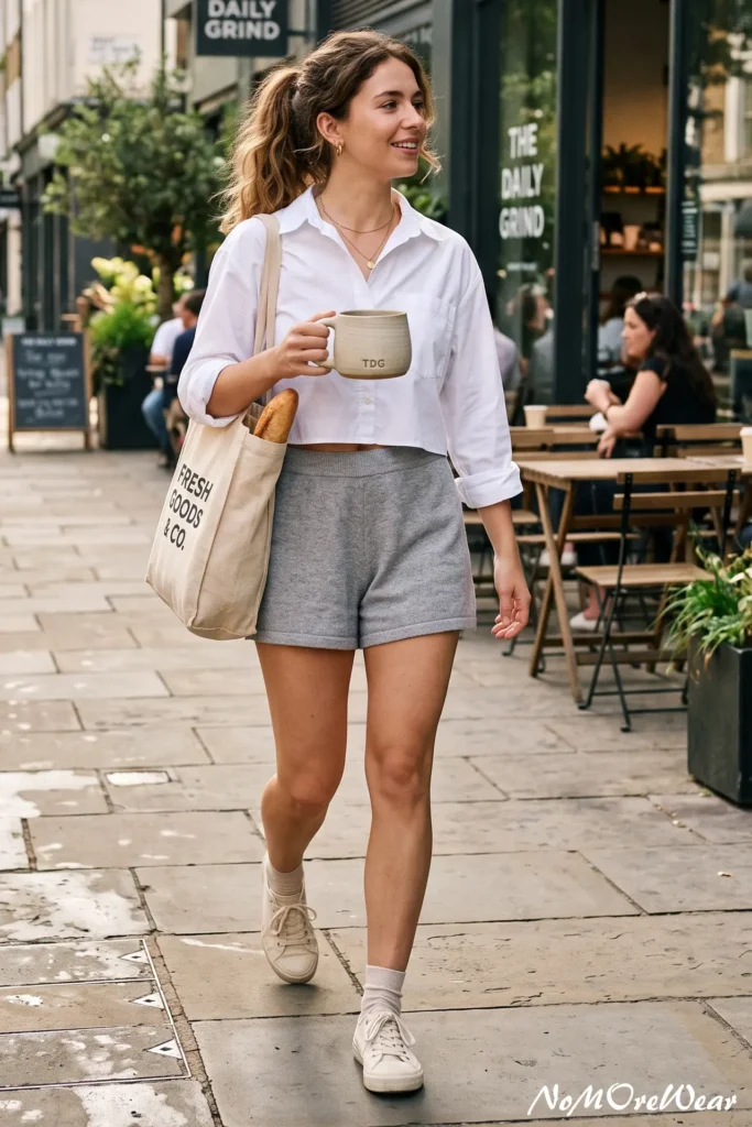 A vertical Pinterest Pin image captures a smiling fair-skinned woman with a wavy brunette ponytail walking confidently down an outdoor city sidewalk, as seen in 1. The Cropped Poplin Shirt + Knitted Shorts.webp. She is wearing an effortless, casual summer outfit featuring high-waisted heather grey knitted lounge shorts paired with a crisp white poplin long-sleeve collared shirt that has been cropped just above the waist. The shirt is worn with the sleeves casually rolled up to her forearms and the top buttons relaxed. In her right hand, she holds a large beige ceramic coffee mug with the letters "TDG" engraved on it. Over her right shoulder hangs a cream canvas tote bag with bold black text reading "FRESH GOODS & CO." with a fresh baguette peeking out of the top. She is accessorized with small gold hoop earrings and a delicate thin gold chain necklace with a small coin pendant, finishing her relaxed street style look with clean, low-top white leather sneakers and matching beige ankle socks. The background features a charming urban street scene with outdoor cafe tables and storefronts, including a dark sign that reads "THE DAILY GRIND". A white script watermark "NoMoReWear" is visible in the bottom right corner.Casual Outfit Ideas