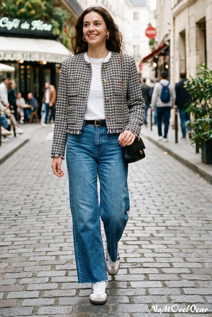 A full-length street style photograph captures a smiling brunette woman with wavy shoulder-length hair walking confidently forward down a historic cobblestone street, as seen in 1. The Cropped Tweed Jacket + Wide-Leg Denim.jpg. She is wearing an effortlessly chic Parisian style outfit featuring high-waisted wide-leg jeans in a medium blue denim wash with a clean-cut hemline. She pairs the denim with a structured, collarless cropped tweed jacket in a textured black and white houndstooth pattern, detailed with round gold buttons, faux pockets, and a frayed fringe trim along the bottom edge and cuffs. Underneath, she wears a plain white cotton crewneck t-shirt tucked neatly into a black leather belt with a gold buckle. Hanging over her left shoulder is a small, quilted black leather crossbody purse with a gold chain strap. She is accessorized with chunky gold hoop earrings and a delicate layered gold chain necklace with a small round pendant, completing her style with retro white leather low-top sneakers with black stripes and gray suede toe overlays. The background features a narrow Parisian-style cobblestone pavement with storefronts, including a canopy that reads "Café de Flore" in the soft-focus distance. At the bottom right of the image, white script text reads "NoMoReWear".