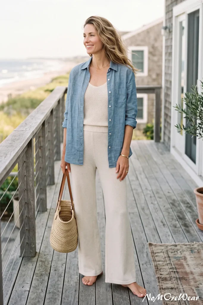 A vertical Pinterest Pin image captures a smiling fair-skinned woman with long, wavy blonde-highlighted hair standing gracefully on an open wooden deck overlook, as seen in 10 The Chambray Shirt + Monochromatic Knit Set.webp. She is wearing a chic, relaxed casual outfit featuring a monochromatic cream-white or light beige knit lounge set consisting of high-waisted wide-leg trousers and a matching knit scoop-neck tank top tucked at the waist. Layered loosely over the knitwear is an open, light blue chambray long-sleeve button-up shirt worn with the sleeves relaxed and pushed up towards her forearms. In her right hand, she holds a round woven straw basket tote bag with slim tan-brown leather shoulder straps. She is barefoot and accessorized with a delicate thin gold chain necklace and a sleek gold bangle bracelet on her left wrist, looking off-camera to the side. The background features a rustic weathered wood deck balcony with a wire railing overlooking a soft-focus coastline beach and coastal architecture under bright overcast daylight. A white script watermark "NoMoReWear" is visible in the bottom right corner.