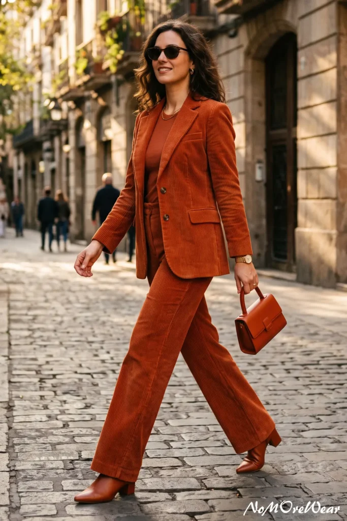 A full-length street style photograph captures a smiling brunette woman with long, wavy dark hair walking gracefully in profile down a historic cobblestone street, as seen in 10 The Monochromatic Corduroy Suit.webp. She is wearing a striking monochromatic tailored outfit featuring a matching terracotta rust-orange corduroy pantsuit. The ensemble consists of a single-breasted, two-button blazer jacket with classic lapels and flap pockets, worn over a solid, matching tonal crewneck t-shirt. The blazer is paired with high-waisted, wide-leg trousers crafted from the same ribbed corduroy fabric. In her left hand, she carries a small, structured rectangular leather handbag with a top handle in a coordinating brick-red shade. She is accessorized with dark round sunglasses, small gold hoop earrings, a delicate gold chain necklace, and a gold watch on her left wrist, finishing her chic style with brown leather pointed-toe ankle boots with low block heels. The background shows a sunlit, narrow European alley with stone pavement, traditional multi-story building facades with balconies, and pedestrians in the soft-focus distance. At the bottom right of the image, a white script watermark reads "NoMoReWear".