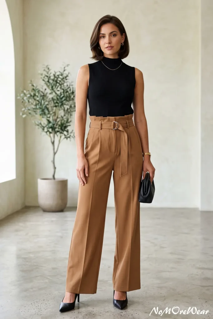 A vertical Pinterest Pin image captures a full-length shot of a dark-haired woman with a chic wavy bob standing in a bright indoor room, as seen in 10 summer outfit womens 144.webp. She is wearing a sleeveless black ribbed mock turtleneck top tucked into high-waisted camel brown wide-leg tailored trousers featuring a paperbag waist and a matching fabric belt with a silver D-ring closure. On her feet, she wears black leather pointed-toe heeled pumps. She carries a small black leather pouch clutch bag under her left arm. Her accessories include gold hoop earrings, a delicate gold chain necklace, and a gold metallic watch. The background features a minimalist neutral interior with light plaster walls, polished concrete flooring, and a potted olive tree in a clay pot. At the bottom right corner, a subtle text watermark reads "NoMoreWear".