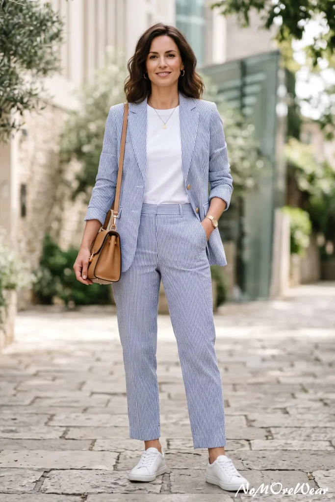 A vertical Pinterest Pin image captures a full-length shot of a dark-haired woman with shoulder-length wavy hair standing outdoors on a stone cobblestone street, as seen in 11 summer outfit womens 151.webp. She is wearing a light blue and white vertical pinstriped seersucker two-piece suit with a single-breasted blazer and slim ankle-length trousers, layered over a classic white crewneck top. On her feet, she wears clean, minimal white low-top leather sneakers. She carries a warm tan leather shoulder bag with a top handle over her right shoulder. Her accessories include gold hoop earrings, a delicate gold chain pendant necklace, and a metallic gold wristwatch. The background features light stone European street pavement, potted green olive trees, and soft daylight. At the bottom right corner, a subtle text watermark reads "NoMoreWear".